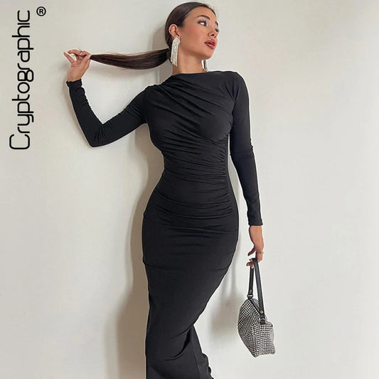 Mia's Elegant Ruched Long Bodycon Dress