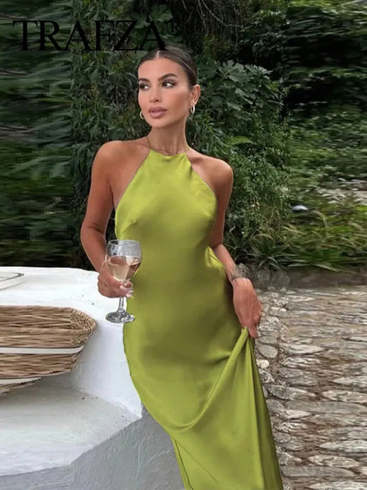 Mia's Dress Solid Satin Halter Neck Backless